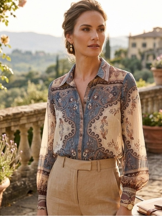 Elie Tahari Tops - New Elie Tahari Teal, Cream & Brown Printed Button down Blouse Shirt